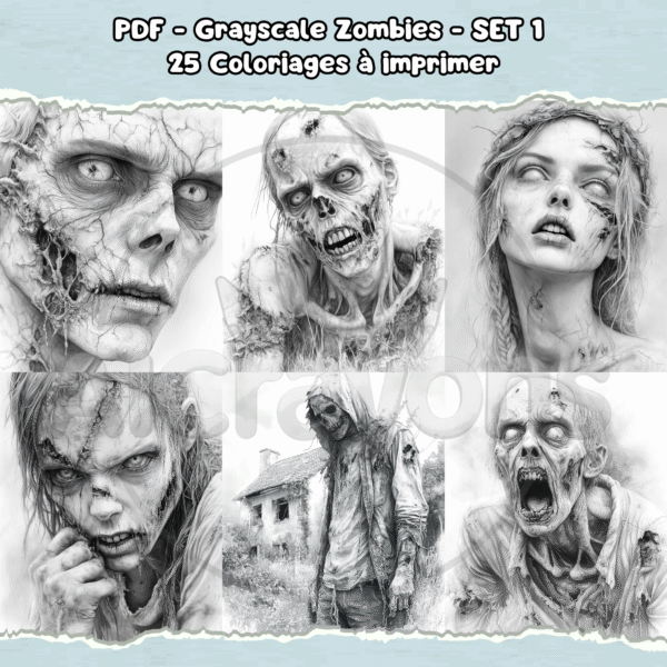 PDF à imprimer – Grayscale Zombies – SET 1 – Image 2