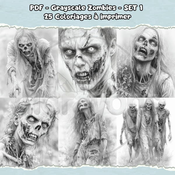 PDF à imprimer – Grayscale Zombies – SET 1 – Image 4
